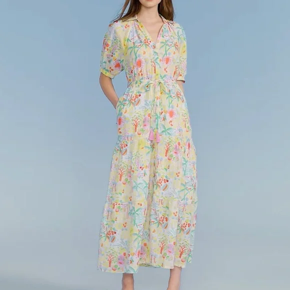 New Roller Rabbit Vacation Short Sleeve Maxi Dress Yellow/Green Size M - Picture 5 of 10